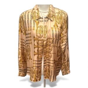 Vtg Louis Feraud Cream Gold Musical Pattern Button Up 100% Silk Blouse Women 10
